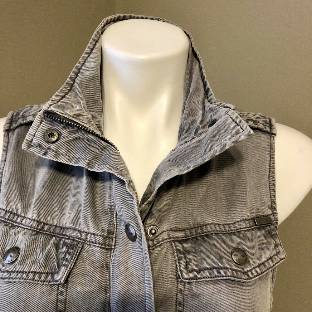 Max Jeans Utility Vest Small Gray 4 Pockets Full Zip w/ Snaps Adjustable Waist - Picture 4 of 11